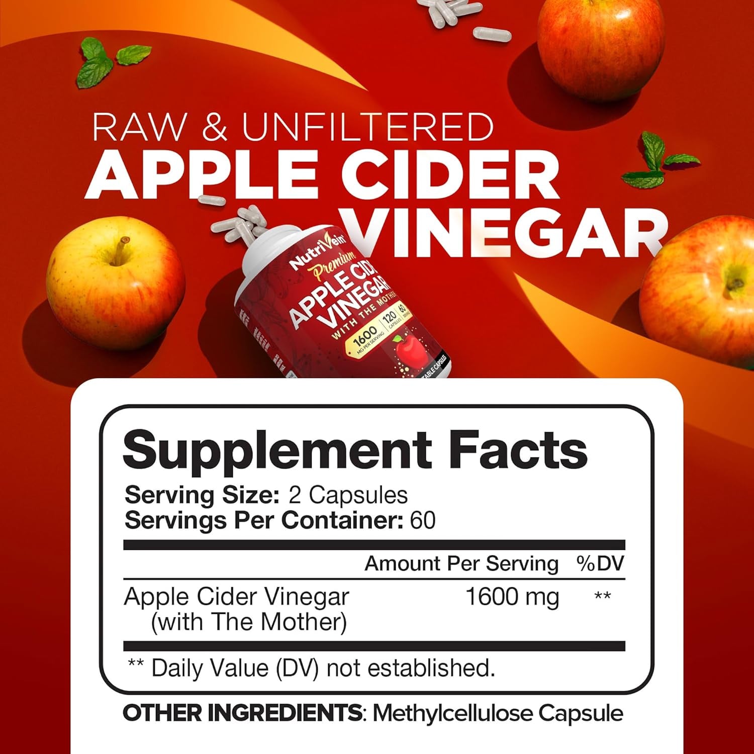 Nutrivein Apple Cider Vinegar Capsules with Mother - 1600Mg - Supports Healthy Diet, Digestion, Keto, Cleanser 120 Pills