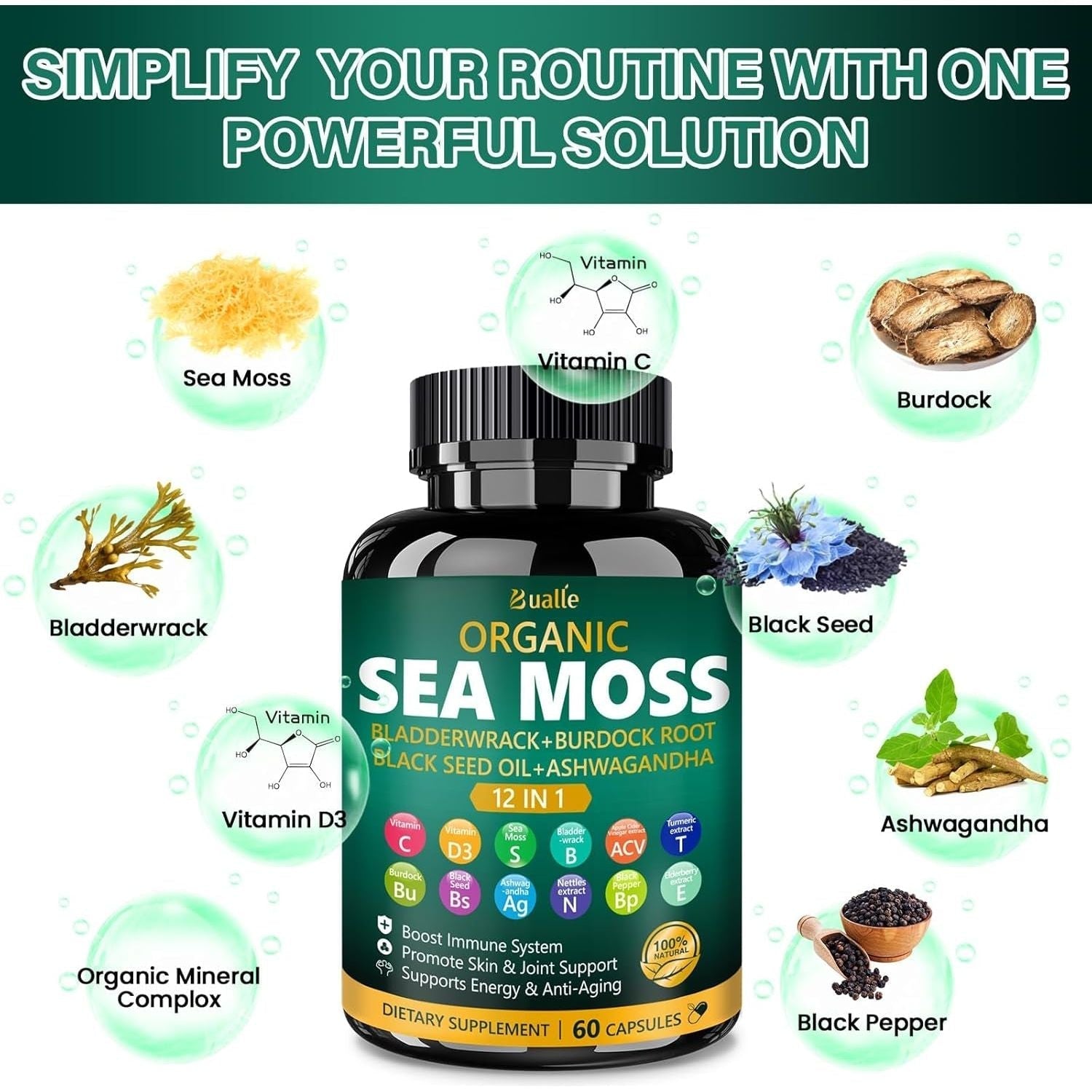 Organic Sea Moss Capsules for Immune System,Skin,Energy Support-60 Capsules