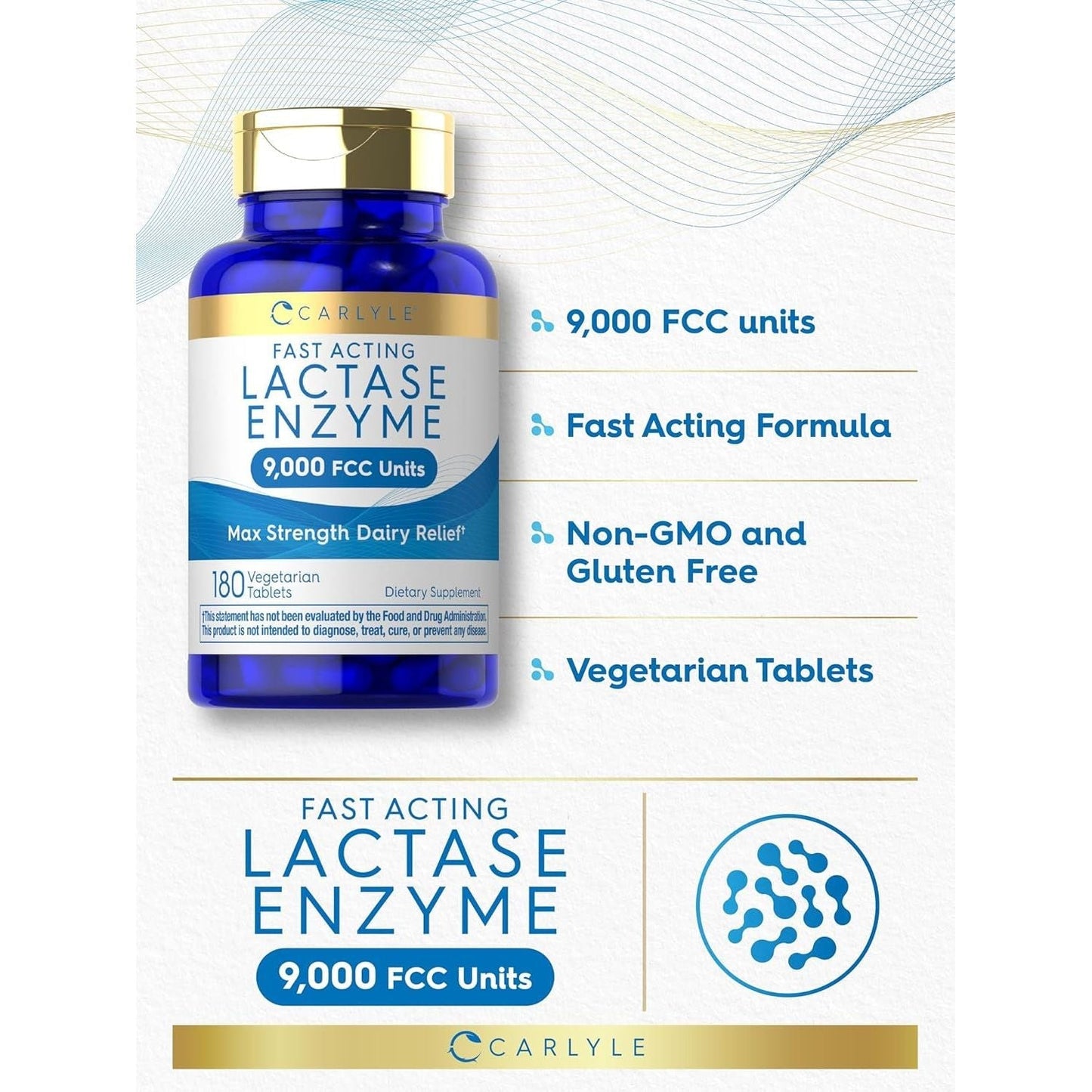 Carlyle Lactase Enzyme Pills 9000 FCC | 180 Tablets | Fast Acting Dairy Relief Supplement