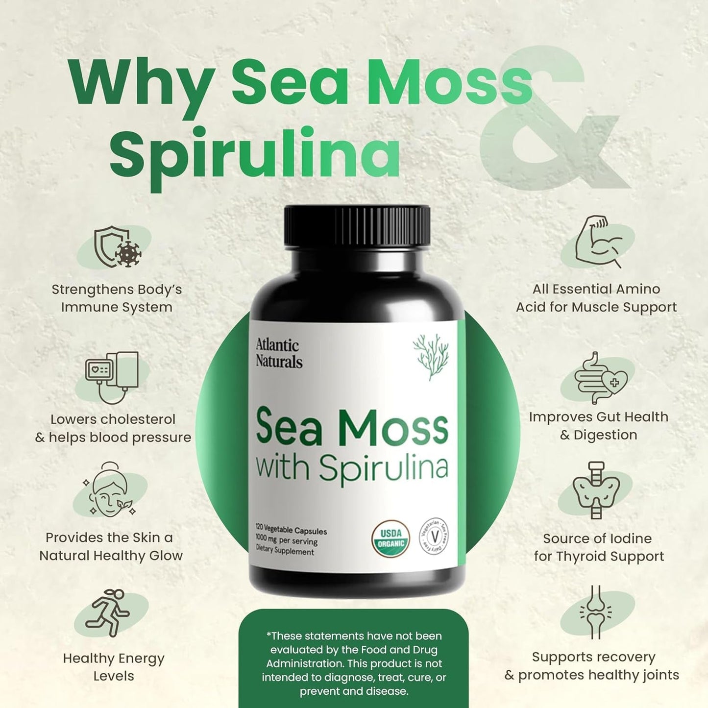 Atlantic Naturals Sea Moss with Spirulina Superfood Capsules (120 Ct)