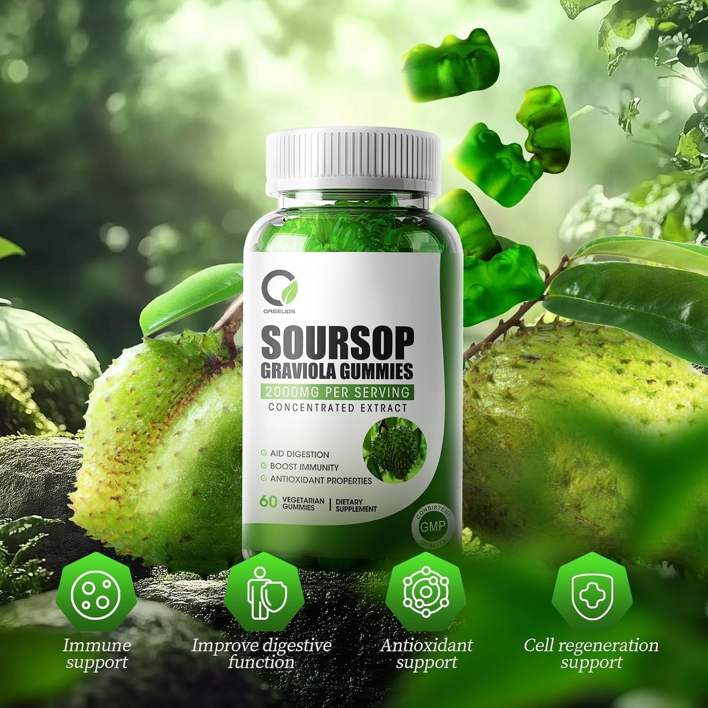 Soursop Graviola Gummies, Organic Soursop Leaves and Seeds Extract for Immune Support and Antioxidant Properties 60 Gummies