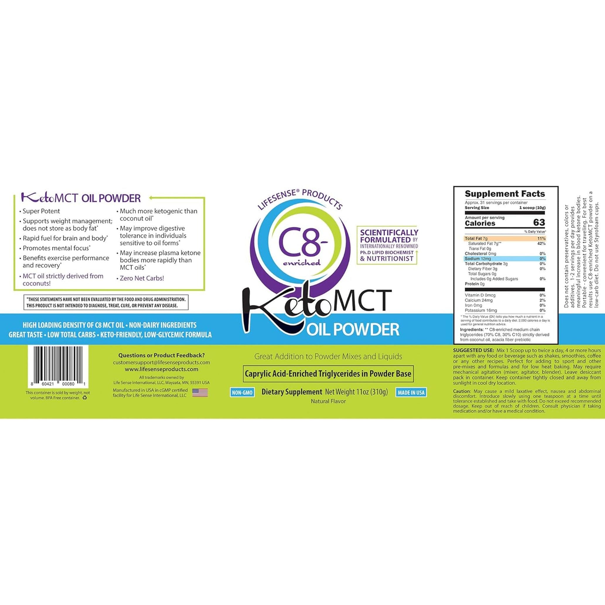 Lifesense C8 Enriched MCT Oil Powder Unflavored Sourced from Coconut Oil, by Phd Nutrition 