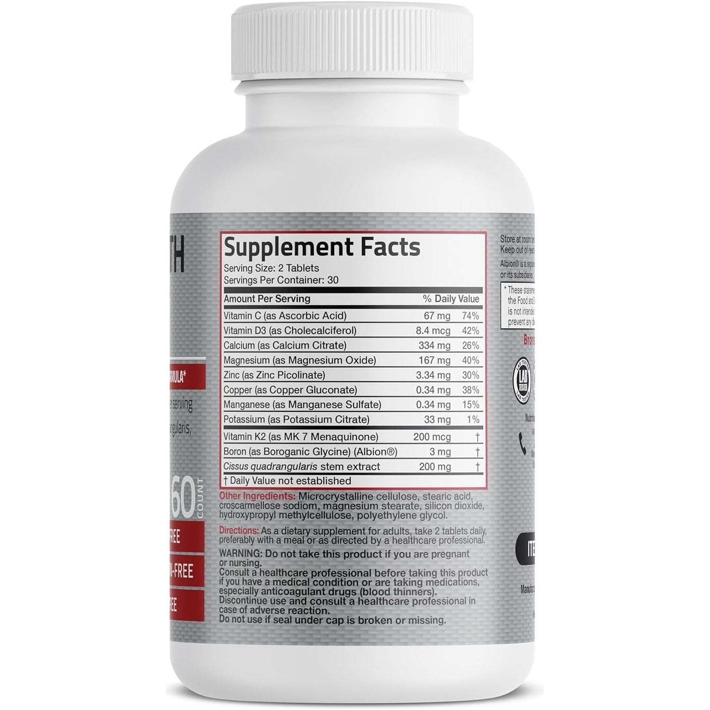 Bronson Bone Health & Strength Complex* High Potency Formula 200 MCG of Vitamin K2 as MK7, plus Calcium, 60 Tablets