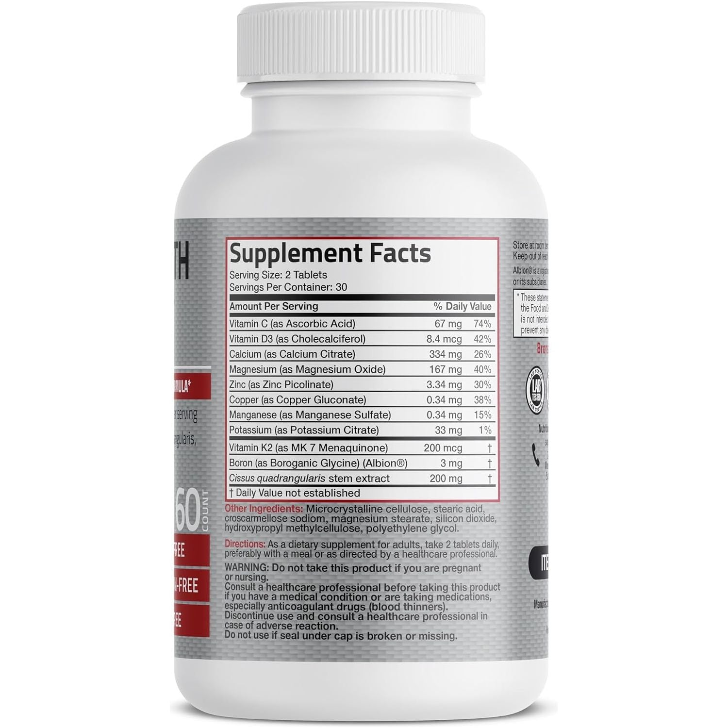 Bronson Bone Health & Strength Complex* High Potency Formula 200 MCG of Vitamin K2 as MK7, plus Calcium, 60 Tablets