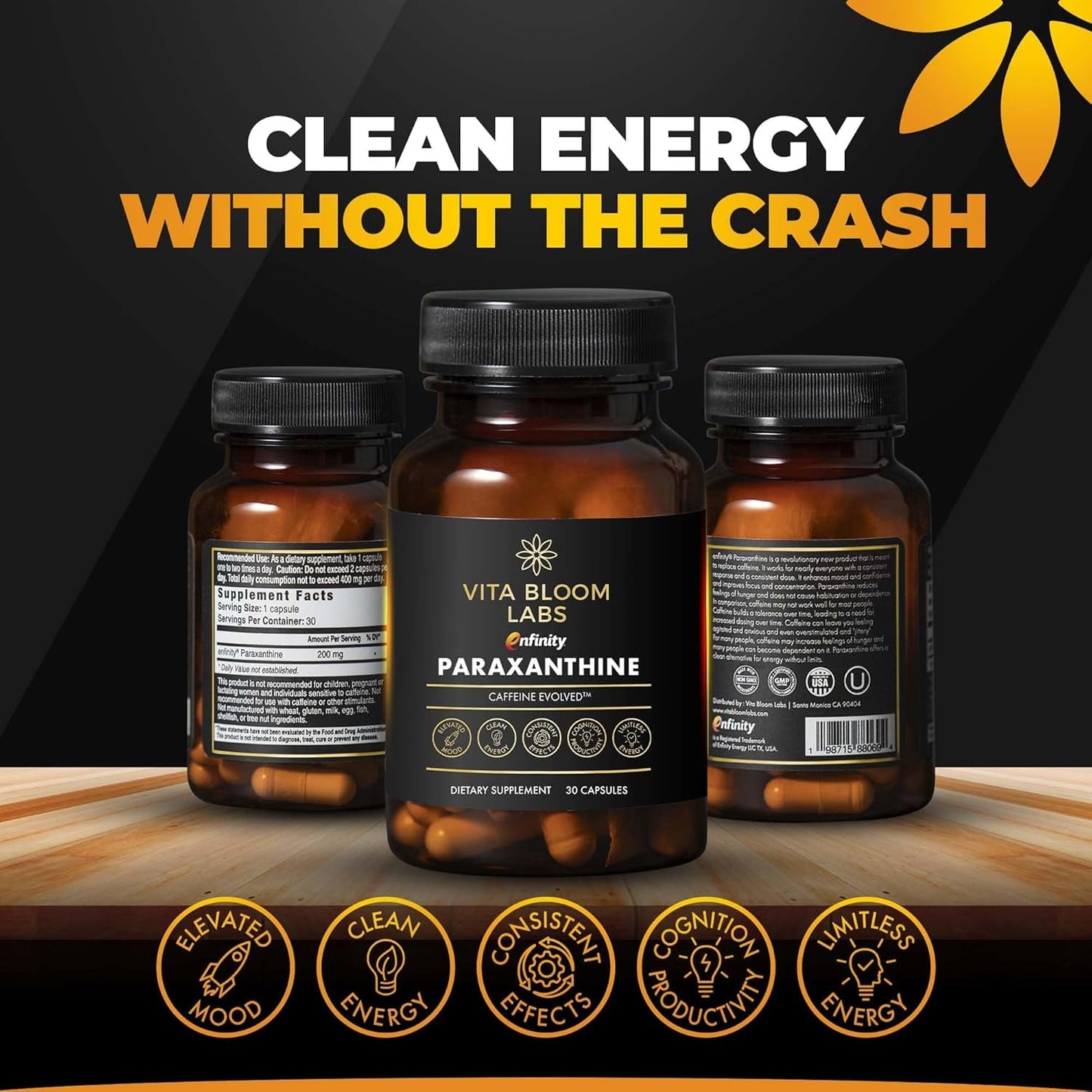 Enfinity Paraxanthine Capsules, Clean Energy & Focus, Caffeine Alternative | 200 Mg 30 Capsules