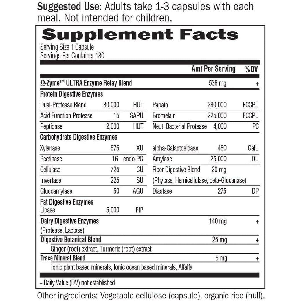 Garden of Life Vegetarian Digestive Supplement - Omega Zyme Ultra Enzyme Blend for Digestion, Bloating, Gas, and IBS, 180 Capsules