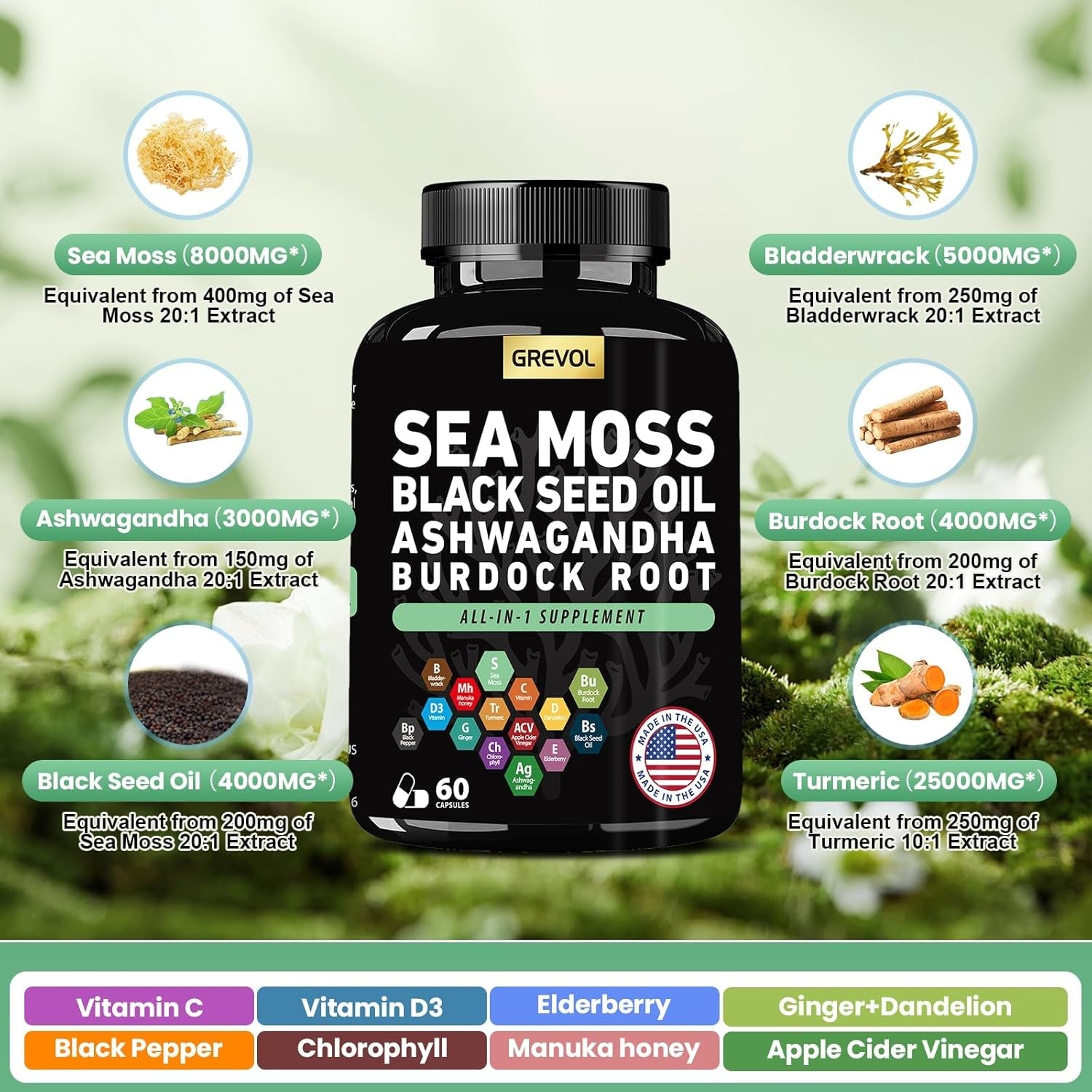 Sea Moss Black Seed Oil Ashwagandha Bladderwrack Burdock Root Turmeric - Multimineral Supplement - 60 Count