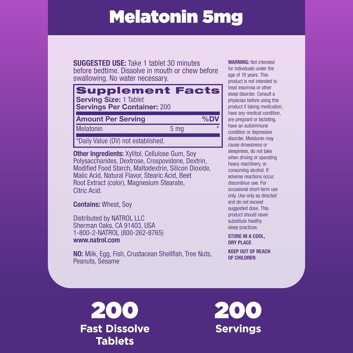 Natrol Fast Dissolve Melatonin 5 Mg, for Restful Sleep, Sleep Support for Adults, 200 Tablets