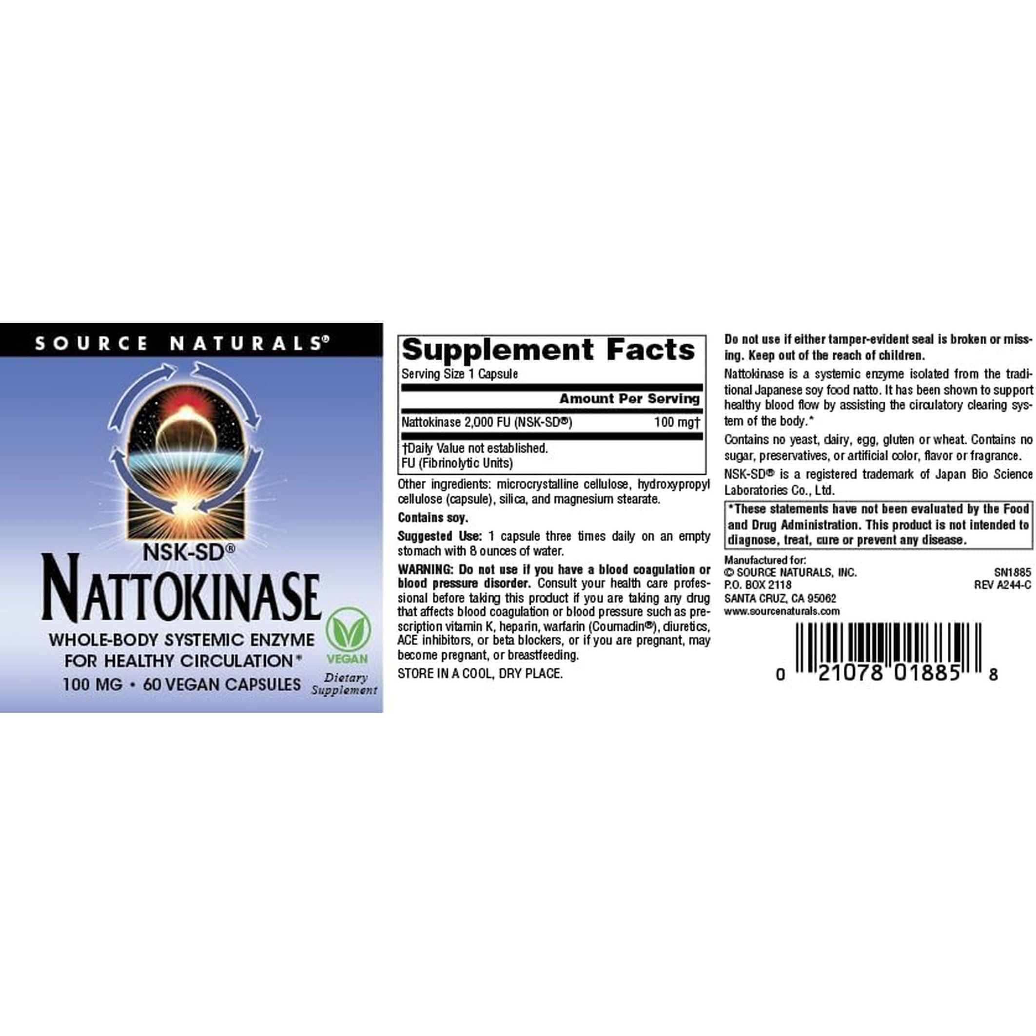 Source Naturals NSK-SD Nattokinase, Systemic Enzyme for Healthy Circulation* 100Mg - 60 Vegan Capsules