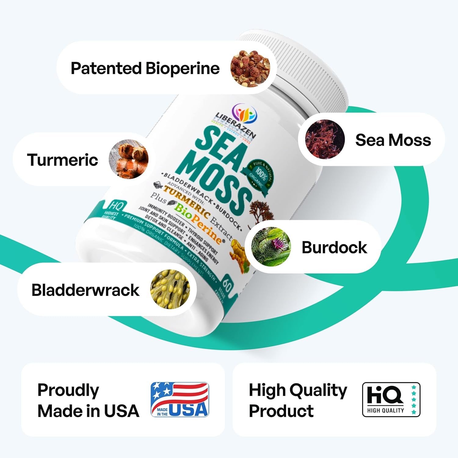 Organic Irish Sea Moss Pills -  Seamoss Blend with Turmeric, Burdock Root & Bladderwrack, Enhanced with Black Pepper - 60 Capsules