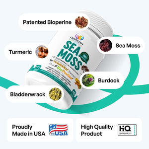 Organic Irish Sea Moss Pills -  Seamoss Blend with Turmeric, Burdock Root & Bladderwrack, Enhanced with Black Pepper - 60 Capsules