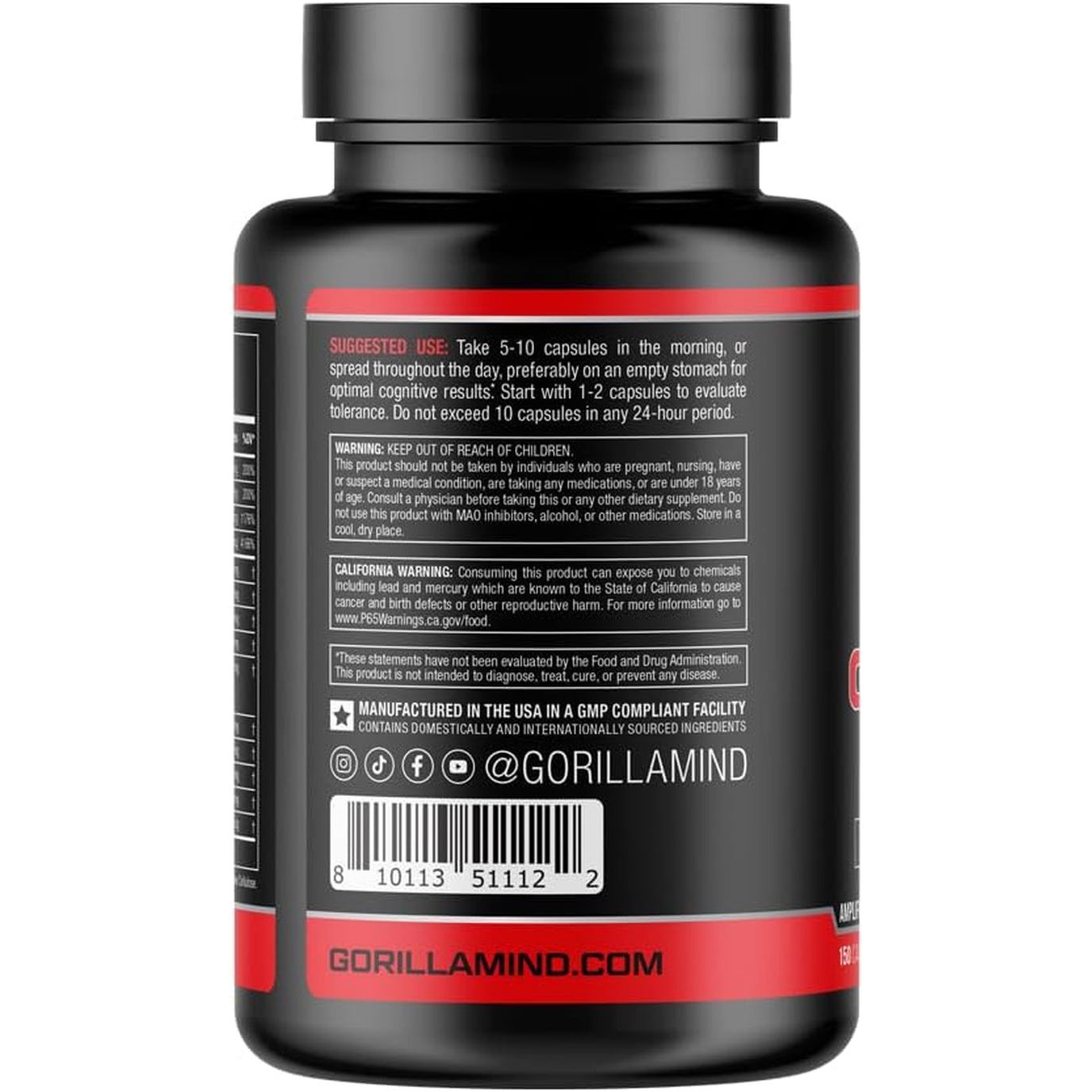 Gorilla Mind Nootropic Formula - Best Caffeinated Productivity Supplement (150 Capsules)