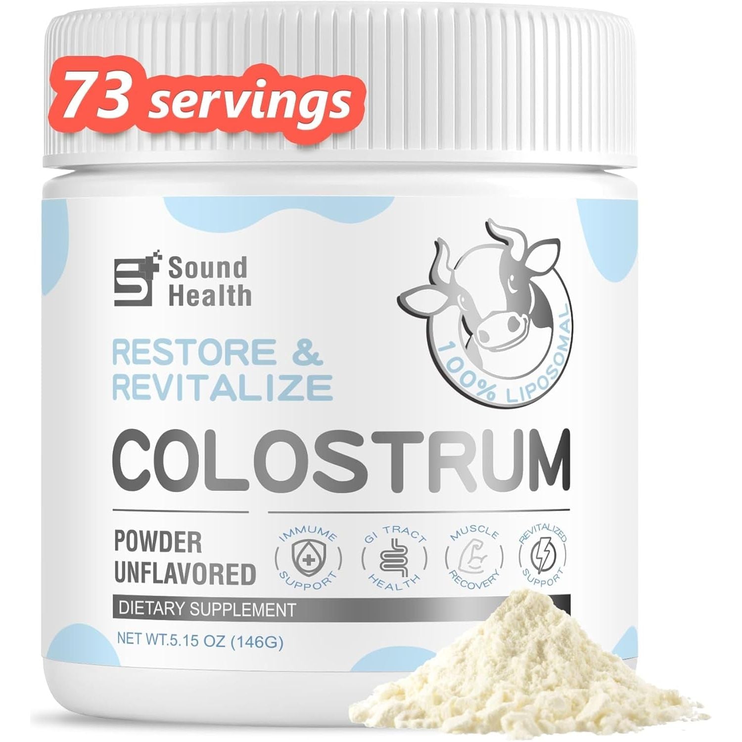 Colostrum Supplement Powder for Humans - Gut Health, Hair Growth, Beauty, and Immune Support (73 Servings)