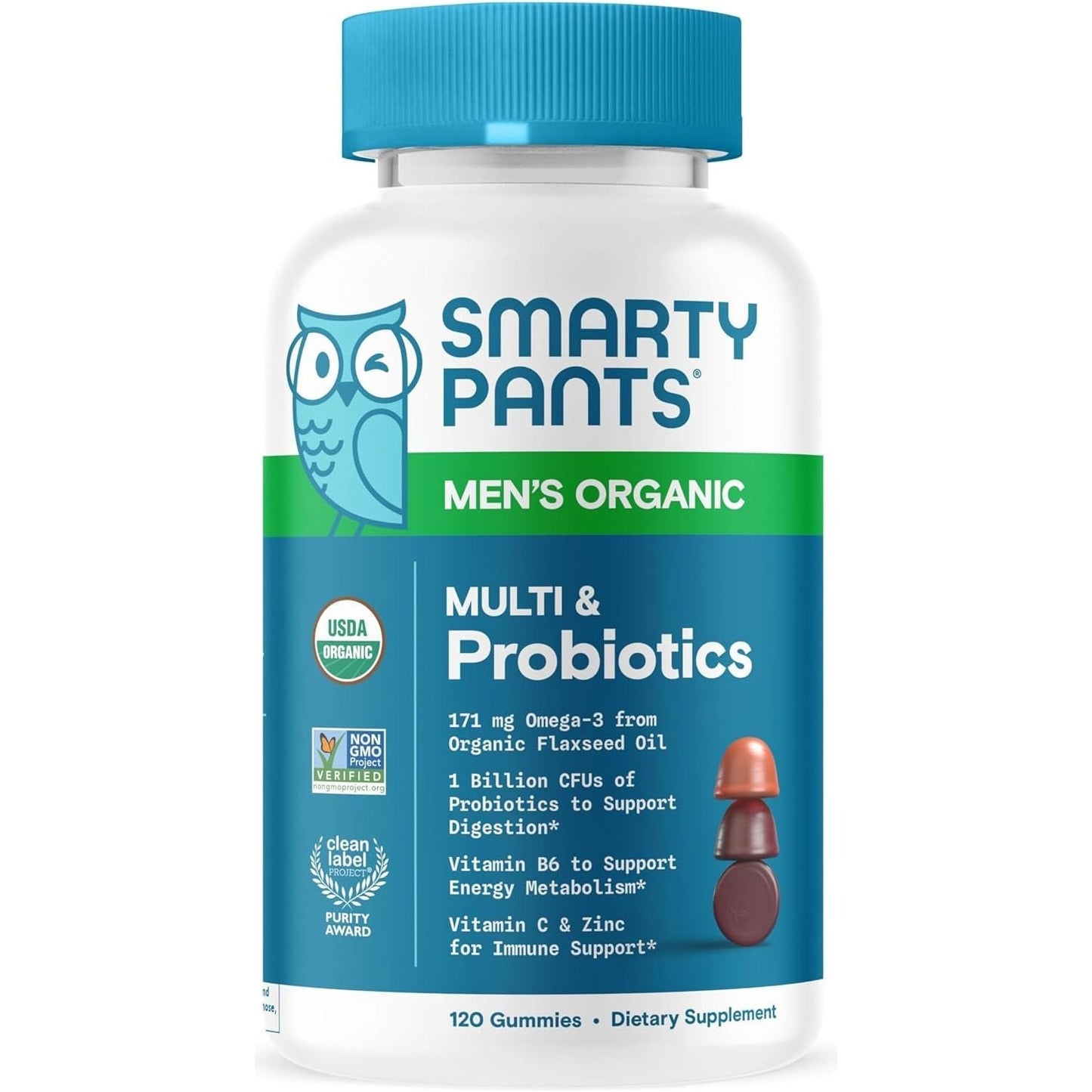 Smartypants Multivitamin for Men, Organic Gummies: Probiotics, for Immune Support, 120 Gummies (30 Day Supply)