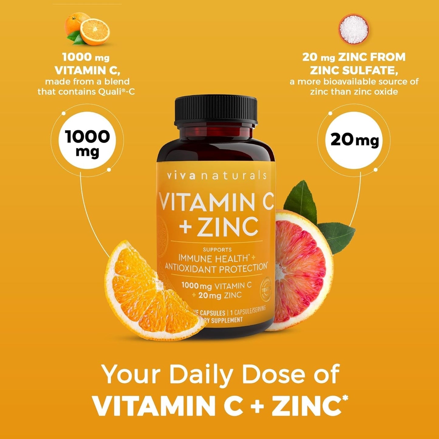 Viva Naturals Vitamin C and Zinc Supplement - Antioxidant Supplements for Immune Support for Adults (250 Capsules)