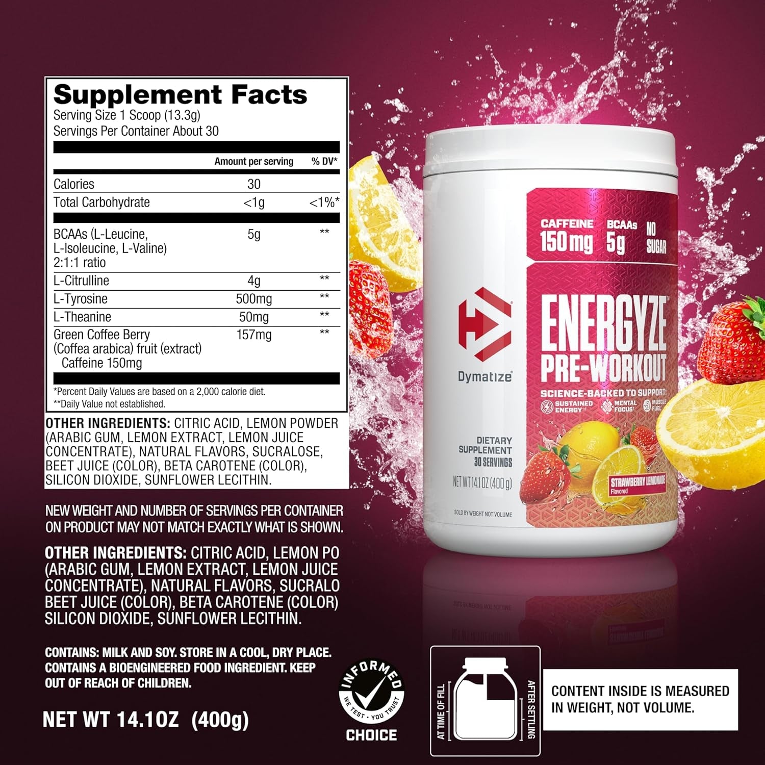 Dymatize Energyze Pre Workout Powder, Strawberry Lemonade Flavor, 150Mg Caffeine, 5G Bcaas, 30 Servings