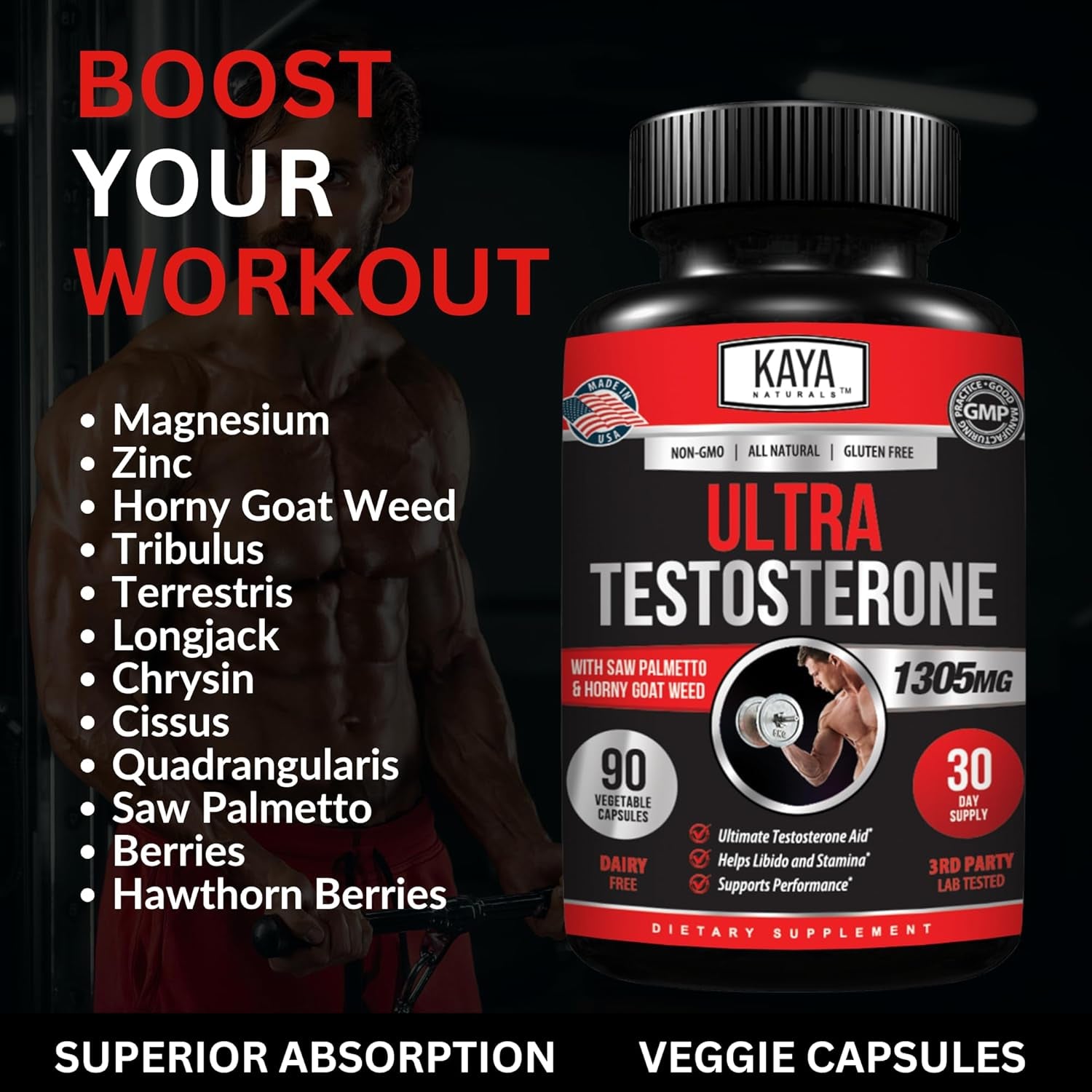 Kaya Naturals Ultra Testosterone - Men'S Testosterone Booster with Tongkat Ali, Horny Goat Weed, Tribulus 90 Count