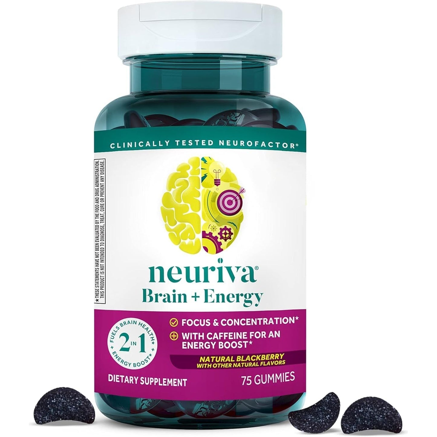 NEURIVA Brain + Energy Gummies, Nootropic Brain Supplements for Focus and Concentration 75 Count