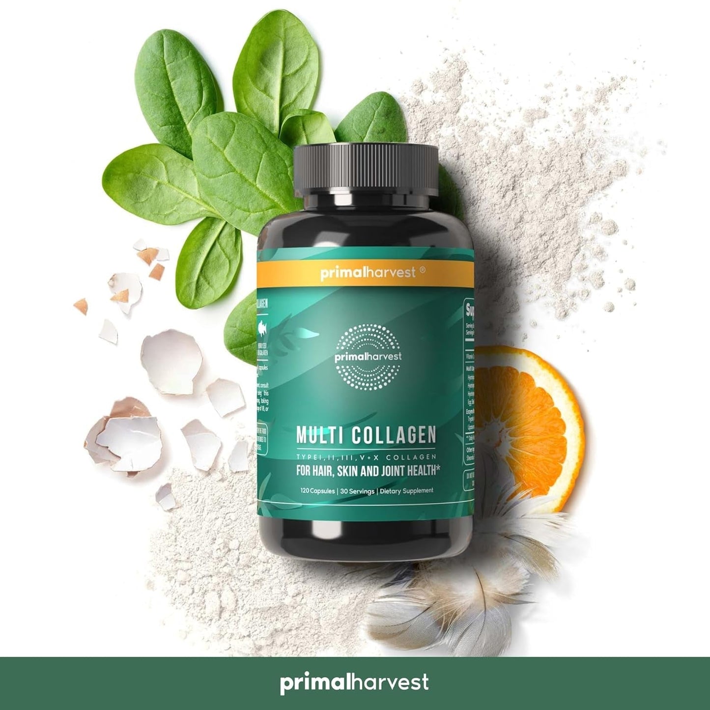 Primal Harvest Multi Collagen Pills for Women and Men (Type I, II, III, V, X) 120 Capsules W/Vitamin C