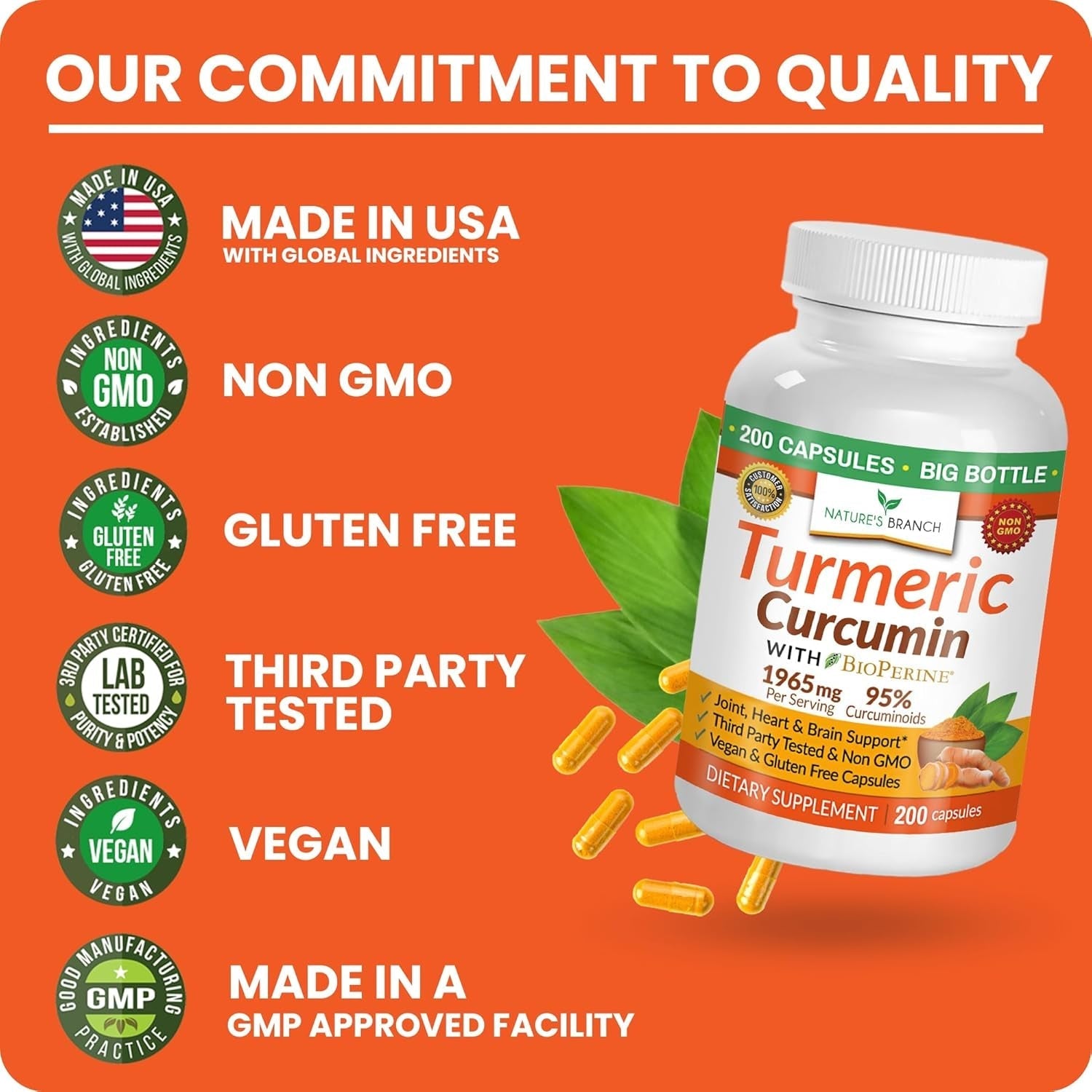 Turmeric Curcumin with Black Pepper Extract - Organic Powder - Joint Support Supplement, Made in USA - (200 Capsules/1965Mg )