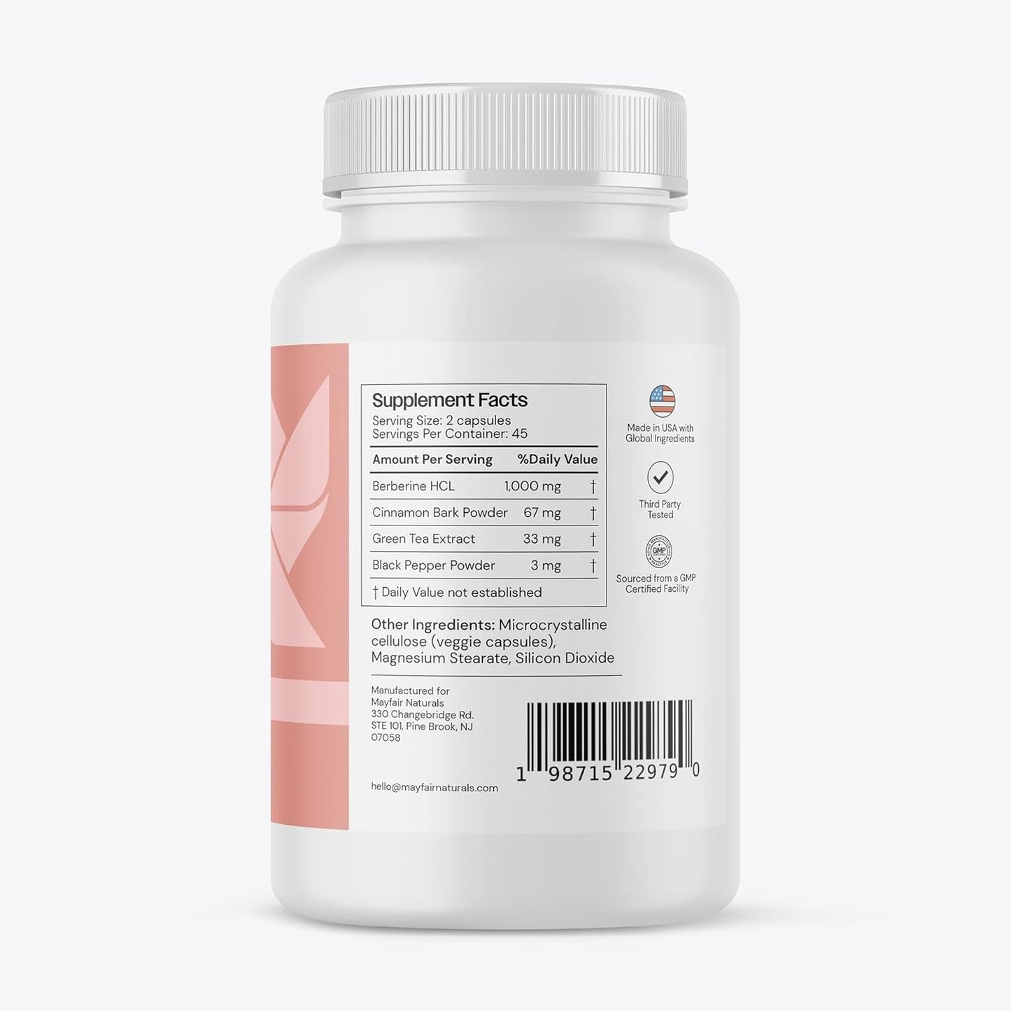 Berberine Complex Supplement, with Cinnamon, Green Tea, and Black Pepper 90 Capsules