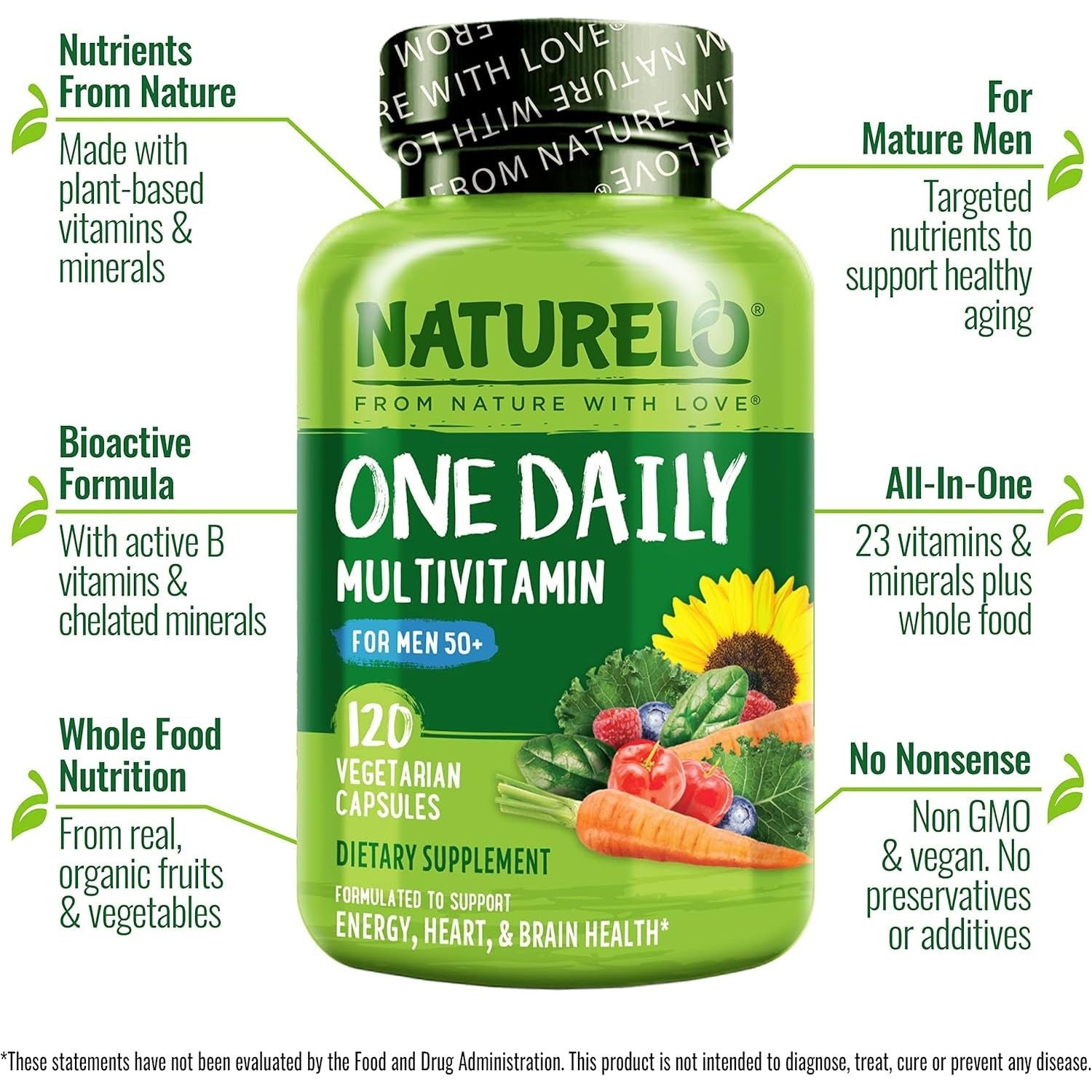 NATURELO Mens Multivitamins for Men 50+ - Boost Energy & Health 120 Capsules