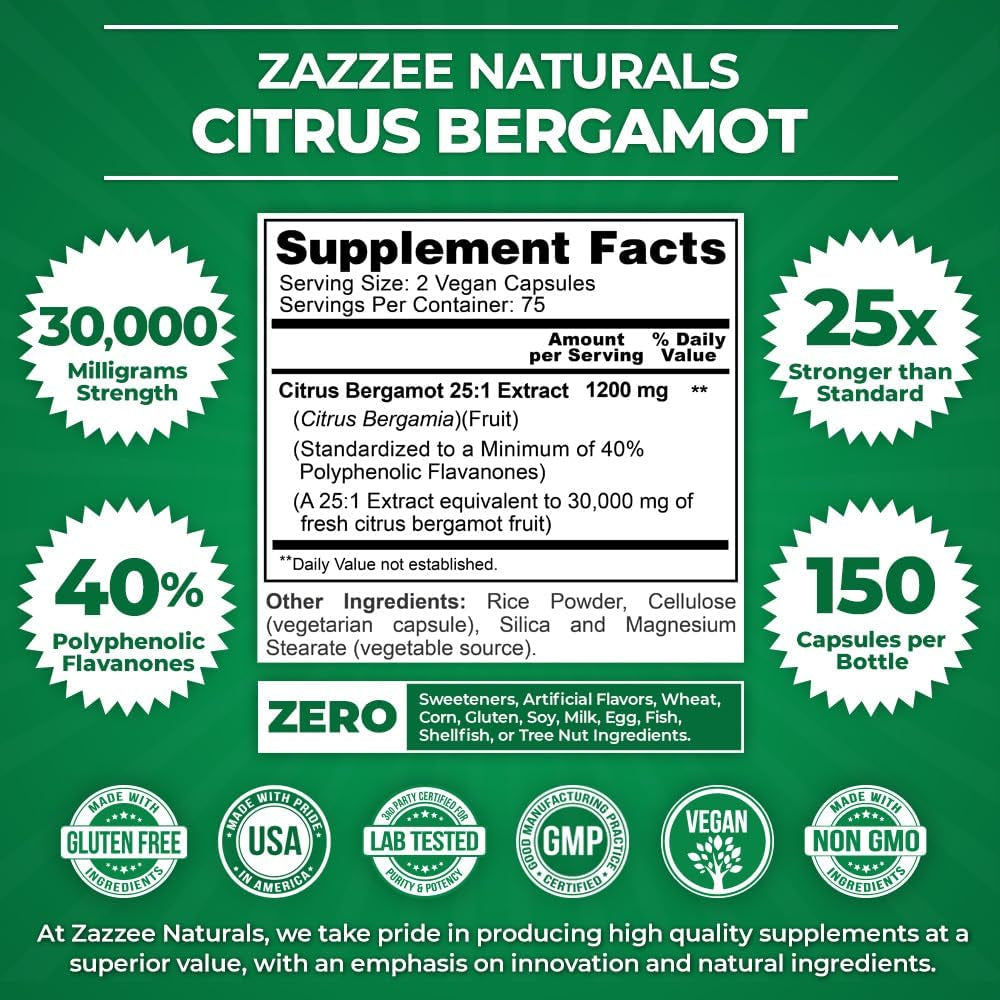 Zazzee Extra Strength Citrus Bergamot 25:1 Extract, 1200 Mg Per, 40% Polyphenolic Flavanones, 150 Vegan Capsules Made in the USA