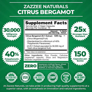 Zazzee Extra Strength Citrus Bergamot 25:1 Extract, 1200 Mg Per, 40% Polyphenolic Flavanones, 150 Vegan Capsules Made in the USA