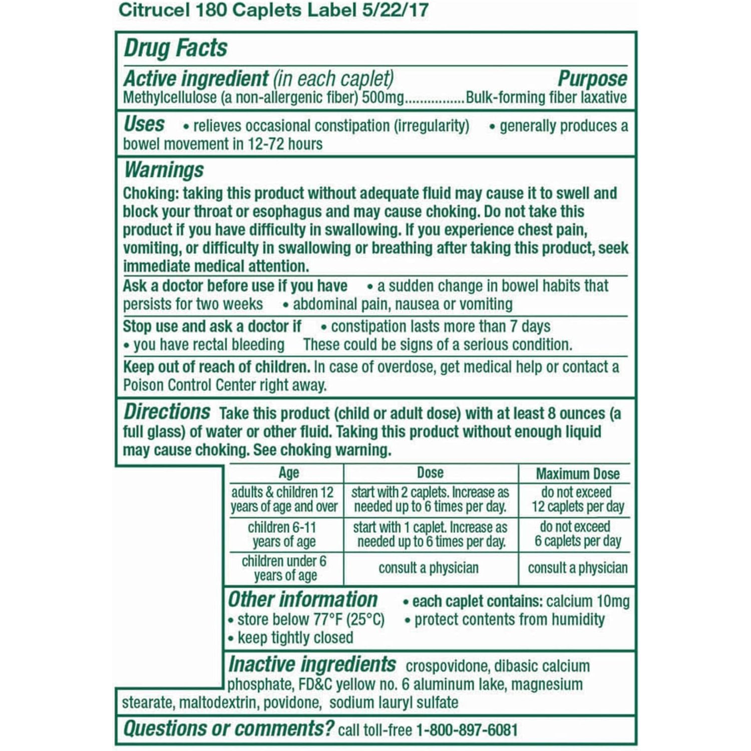 Citrucel Fiber Therapy Caplets for Irregularity, Easy to Swallow Methylcellulose , 180 Count.