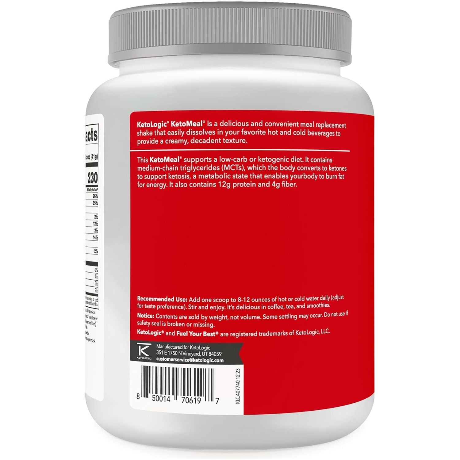 Ketologic Keto Meal Replacement Shake Powder for Optimal Results + MCT Oil + Grass-Fed Whey -20 Servings - Chocolate