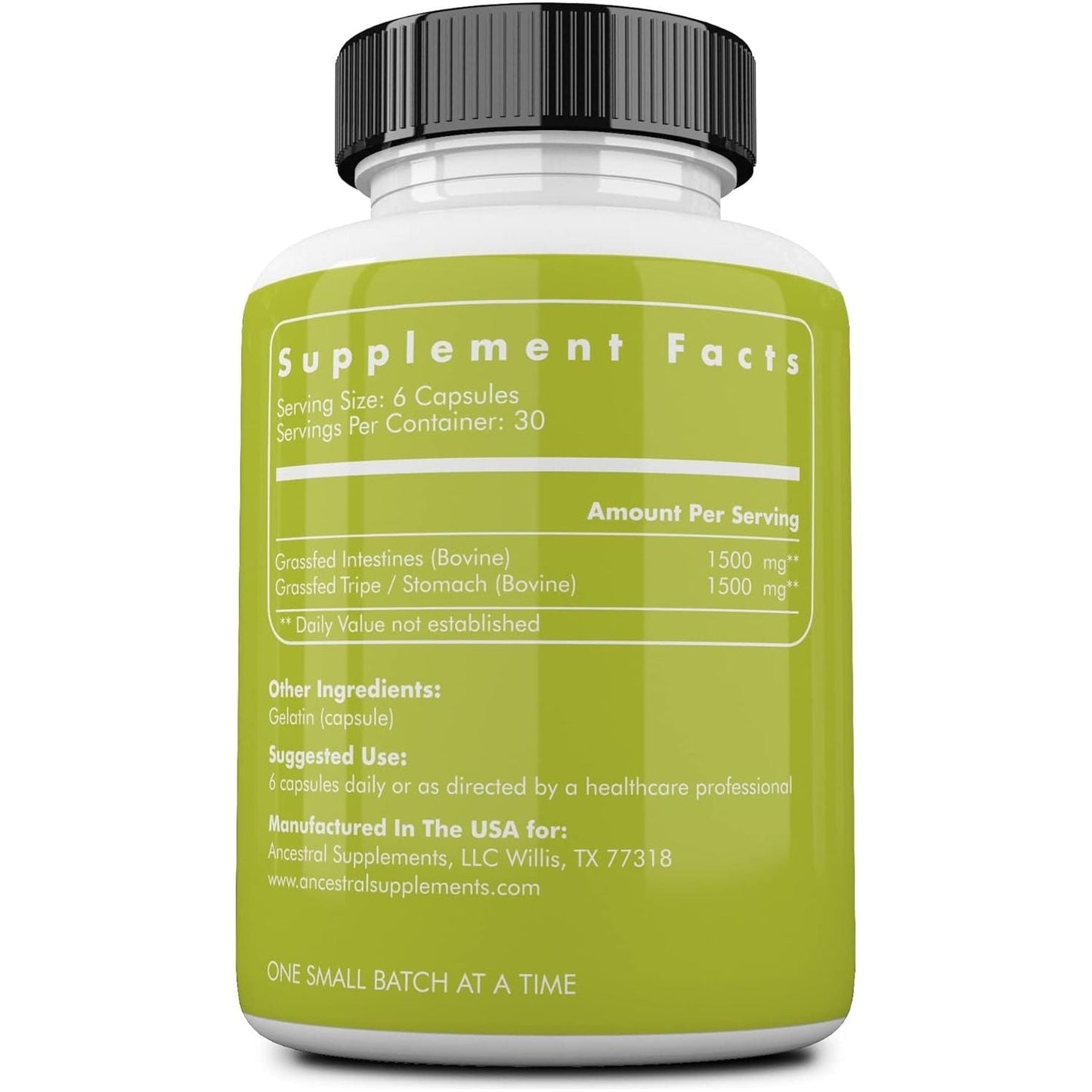 Ancestral Supplements Grass Fed Beef Intestines with Stomach (Tripe), 3000Mg Supports Acid Reflux and Gut, Intestine and Digestive Health 180 Capsules