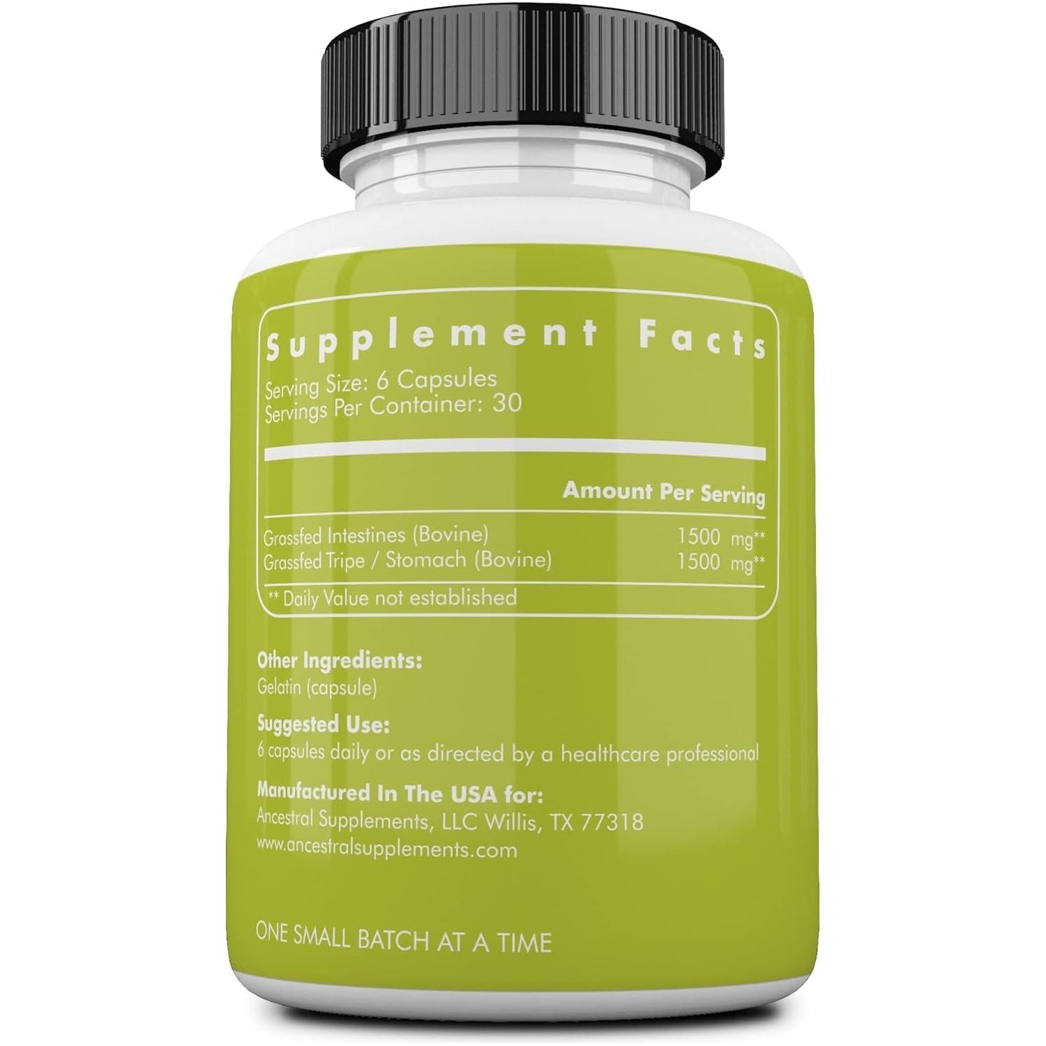 Ancestral Supplements Grass Fed Beef Intestines with Stomach (Tripe), 3000Mg Supports Acid Reflux and Gut, Intestine and Digestive Health 180 Capsules