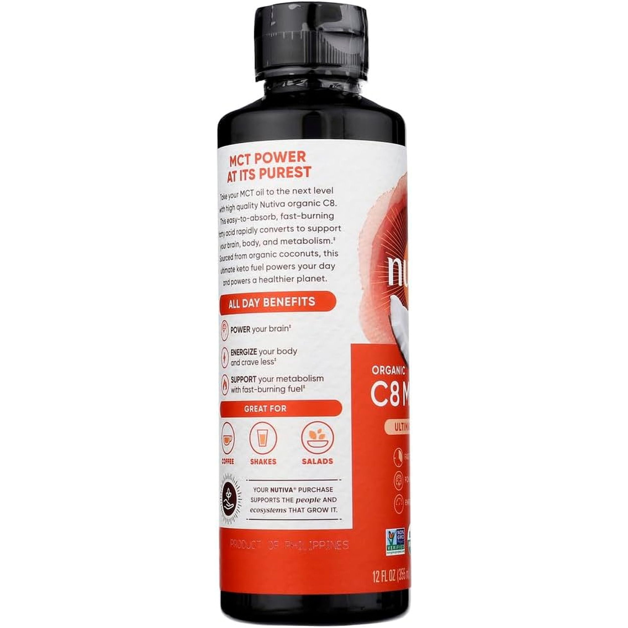 Nutiva Organic C8 MCT Oil, Ultimate Keto Fuel from Non-Gmo Coconuts, 14G MCT | 12 Fl Oz