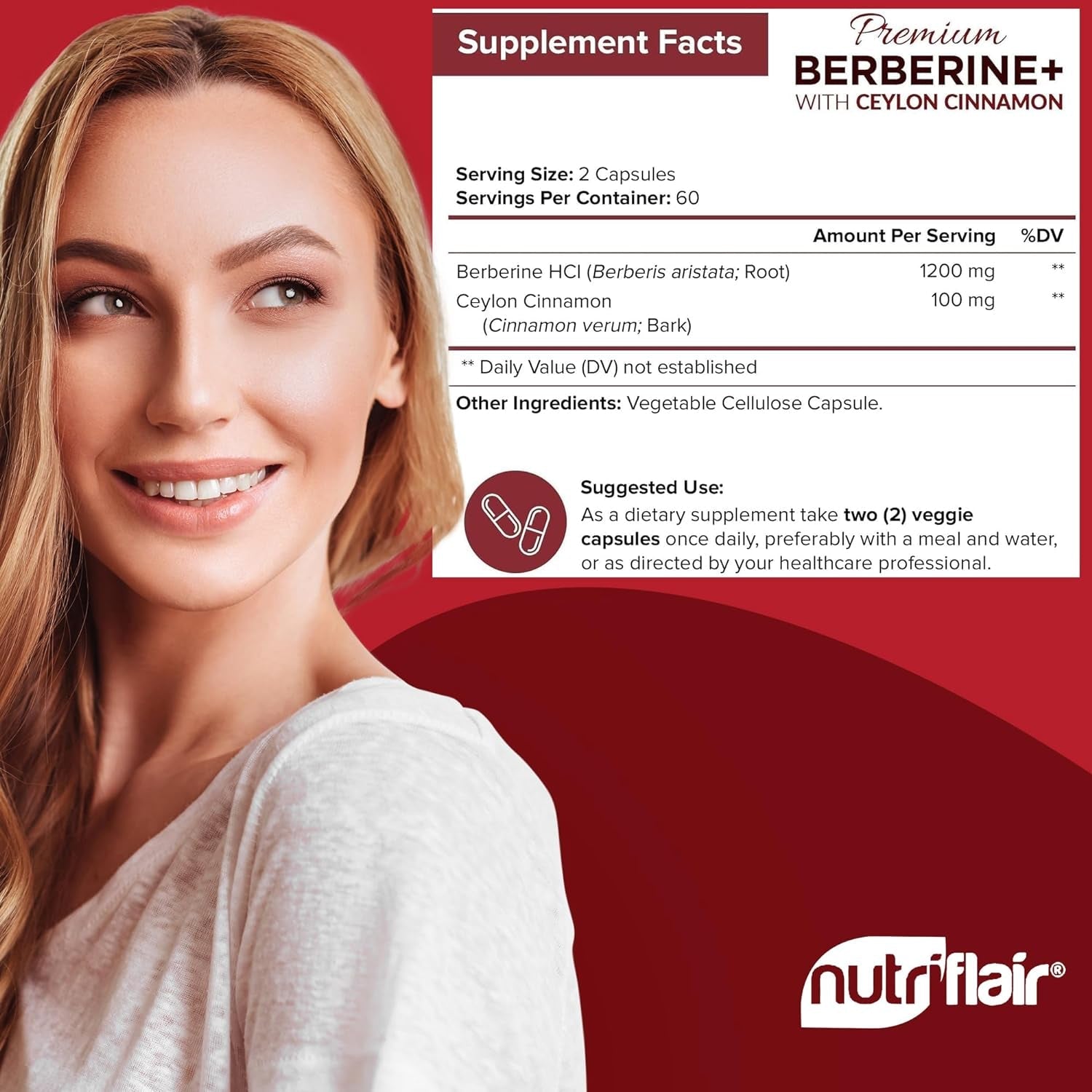 Nutriflair Premium Berberine HCL - Immune System, Healthy Weight Management (1200Mg/120 Capsules)