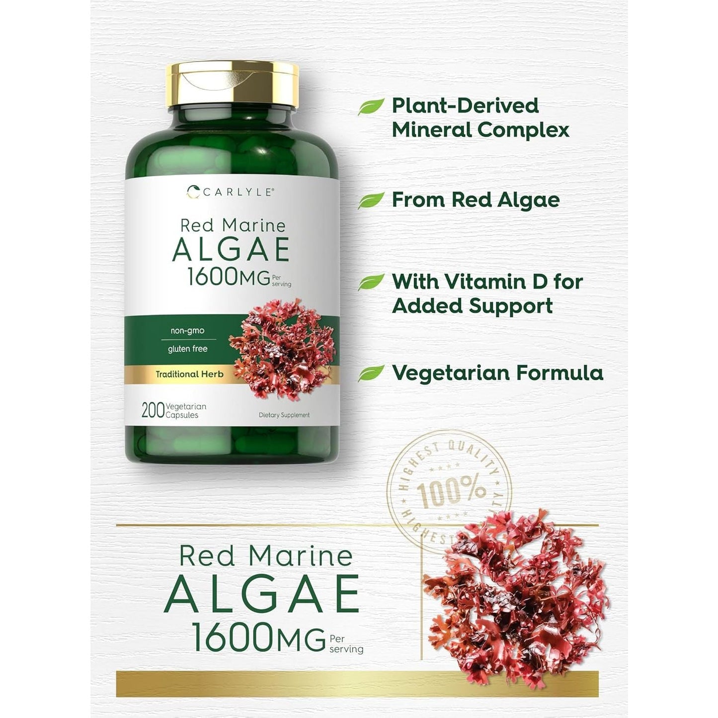 Carlyle Red Marine Algae 1600Mg | 200 Capsules | Vegetarian Supplement