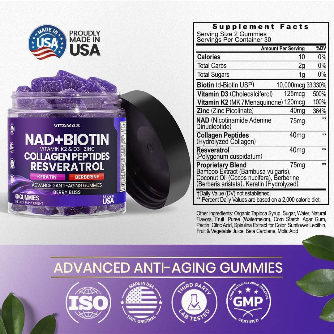 NAD+, Resveratrol, Berberine, & Biotin Anti-Aging Gummy - Hair, Skin, Nails & Joint Supplement - Made in USA 60 Count