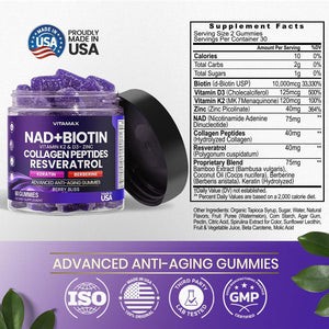 NAD+, Resveratrol, Berberine, & Biotin Anti-Aging Gummy - Hair, Skin, Nails & Joint Supplement - Made in USA 60 Count