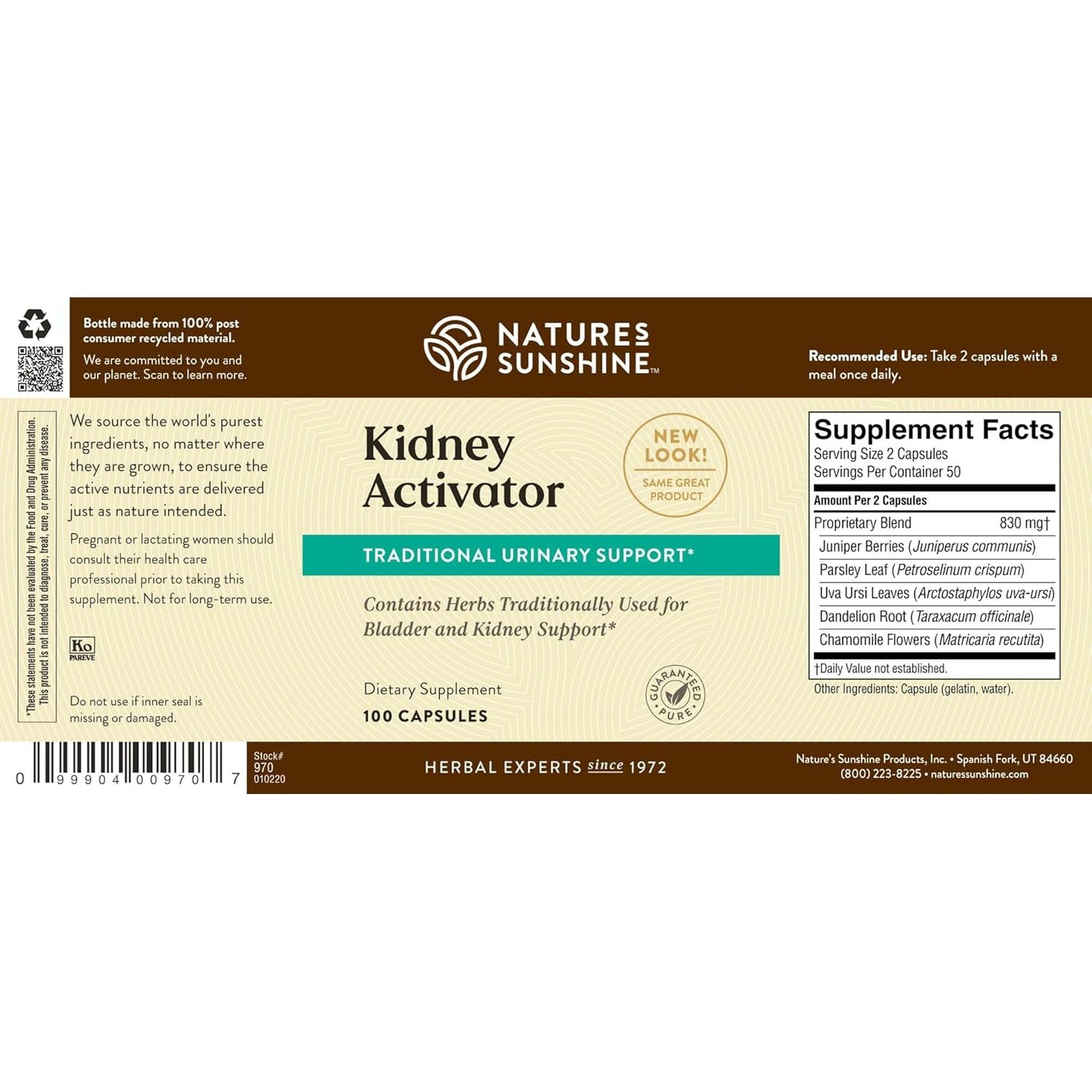Nature'S Sunshine Kidney Activator Capsules, to Support and Enhance Kidney Function and Urine Flow 100 Capsules