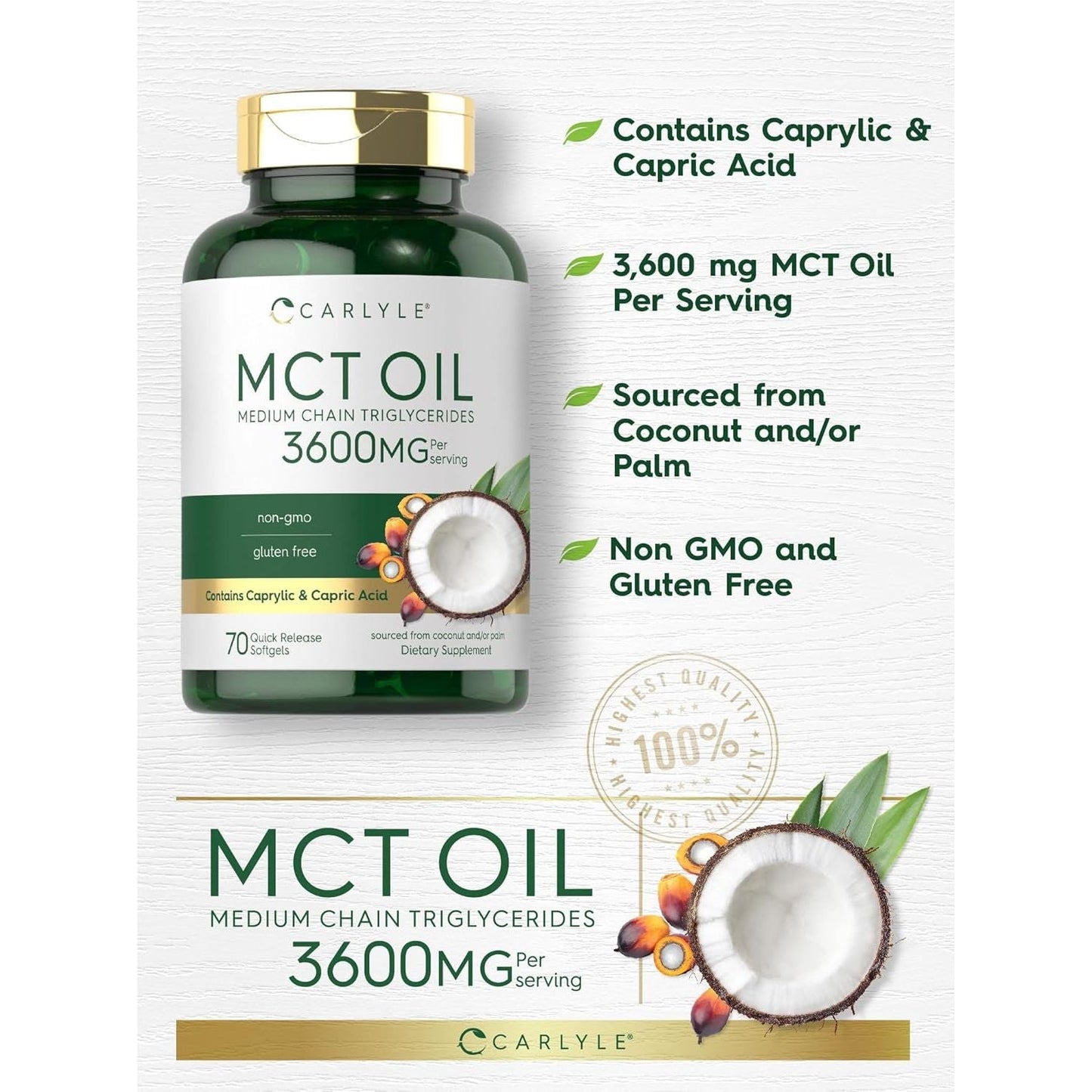 Carlyle MCT Oil Capsules 3600 Mg | 70 Softgels | Keto Coconut Oil Pills | Non-Gmo & Gluten Free Supplement