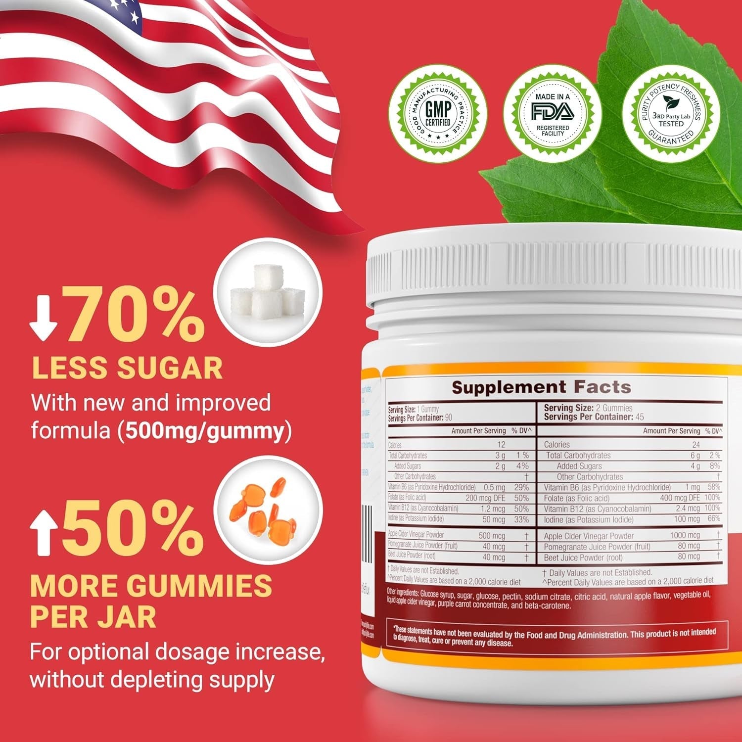 Detox Apple Cider Vinegar Gummies for Adults - Improved Gut Health, Energy, Digestion & Immune Support (90 Chews)