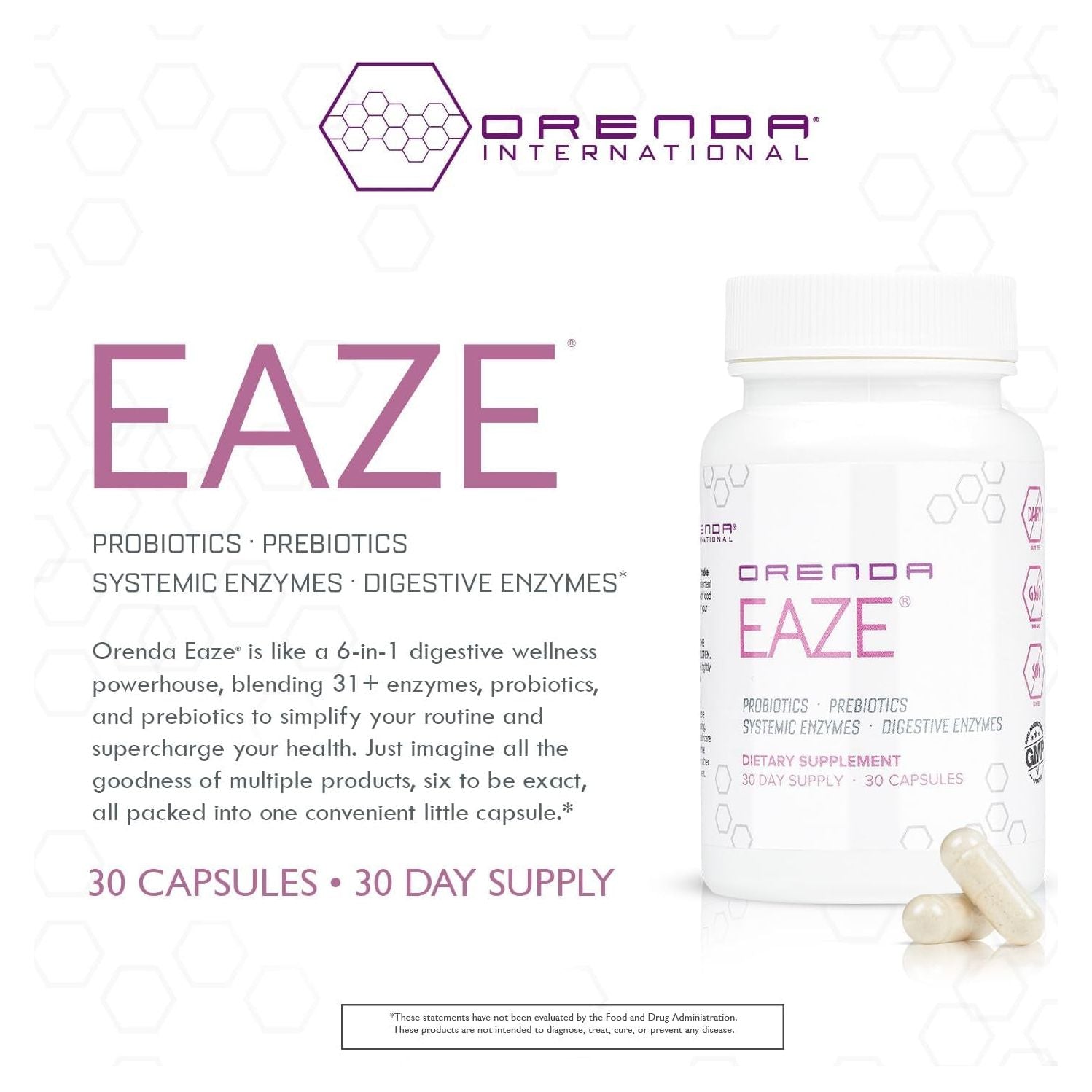 Orenda Eaze®: Gut Wellness Capsules | 6-In-1 Digestive Support - Elevate Your Gut Health Today - 30 Capsules