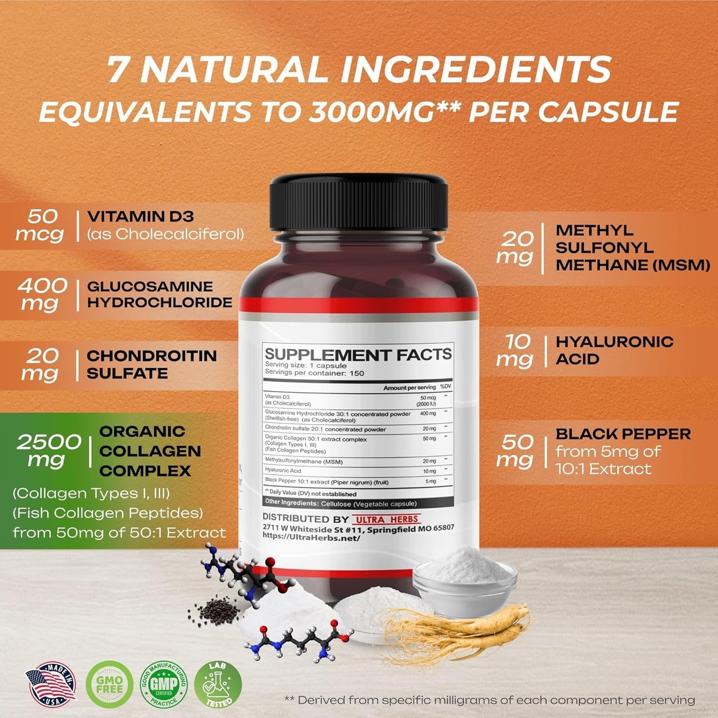 Glucosamine Chondroitin MSM - Joint Mobility Support Supplement Enhanced with Collagen, Hyaluronic Acid, Vitamin D3 | 150 Capsules