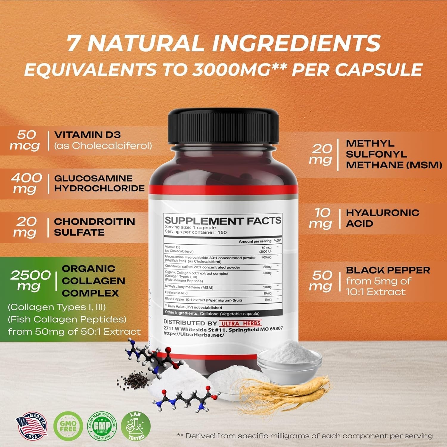 Glucosamine Chondroitin MSM - Joint Mobility Support Supplement Enhanced with Collagen, Hyaluronic Acid, Vitamin D3 | 150 Capsules