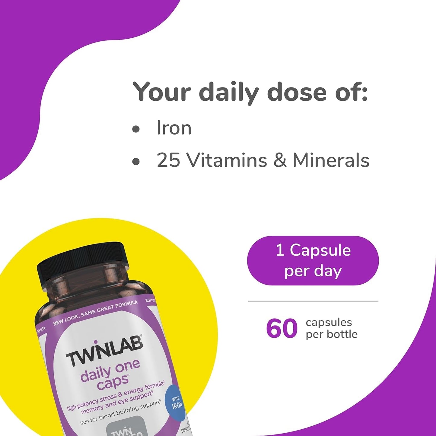 Twinlab Daily One Caps with Iron - Nutritional Supplement with Iron, Zinc, B Vitamins, and More - 60 Capsules