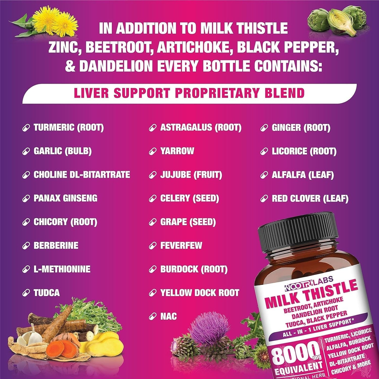 All-In-1 8000Mg Highest Potency Milk Thistle NAC Beetroot Artichoke Dandelion Root - Liver Cleanse Detox & Repair 90 Vegan Capsules