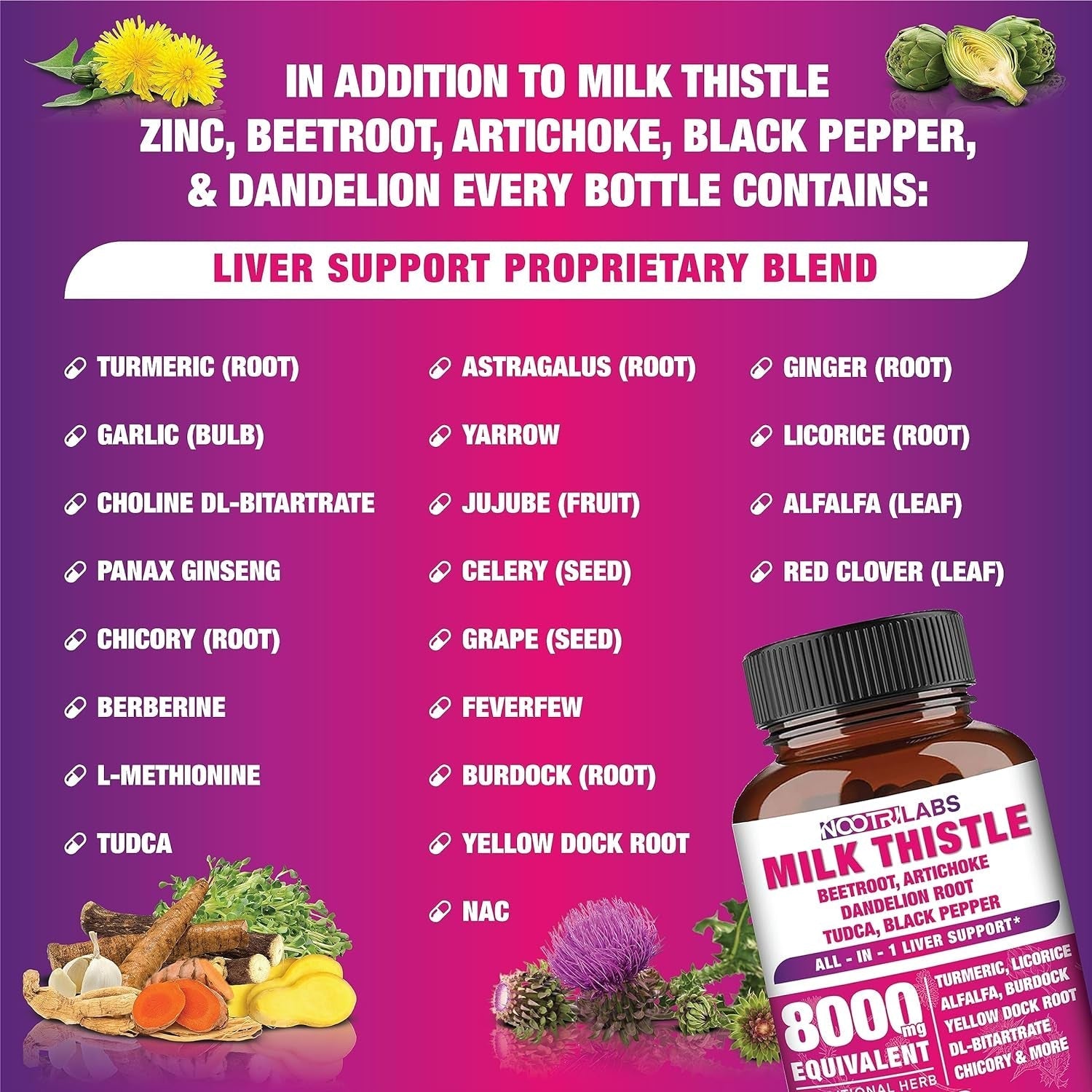 All-In-1 8000Mg Highest Potency Milk Thistle NAC Beetroot Artichoke Dandelion Root - Liver Cleanse Detox & Repair 90 Vegan Capsules