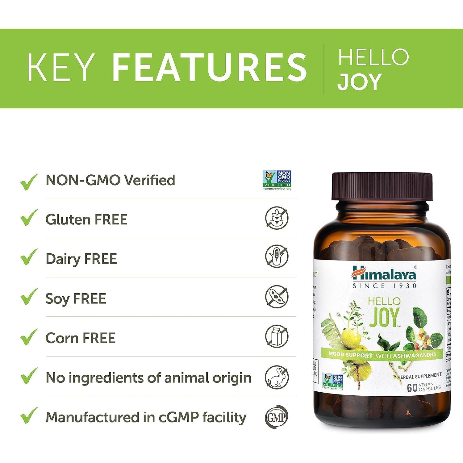 Himalaya Hello Joy Herbal Supplement, Supports Motivation, Stress Relief, Balanced Cortisol 60 Capsules