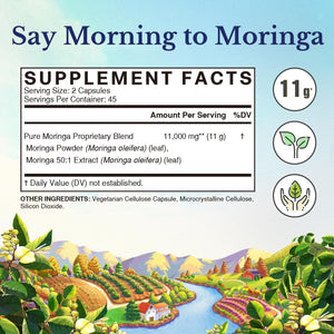 Vitalitown Moringa Capsules 11,000 MG,, Green Moringa Leaves, No Sticks, No Caffeine, Moringa Oleifera, Energy, Appetite, 90 Capsules