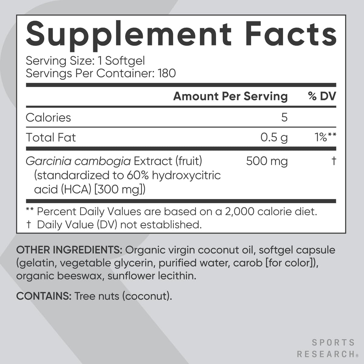 Sports Research Garcinia Cambogia Extract (60% HCA) with Extra Virgin Organic Coconut Oil (180 Softgels)