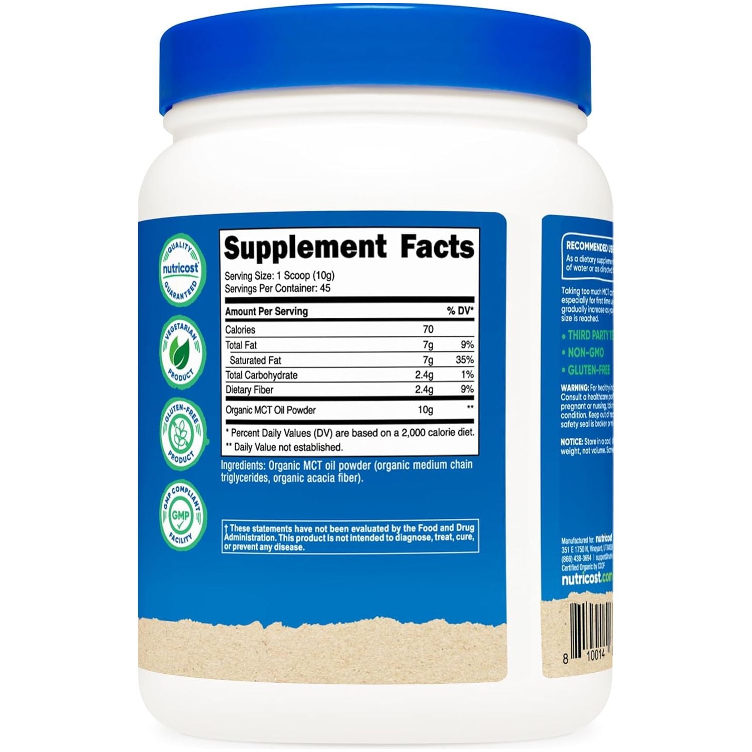 Nutricost Organic MCT Oil Powder 1 LB -  Great for Keto, Ketosis and Ketogenic Diets 
